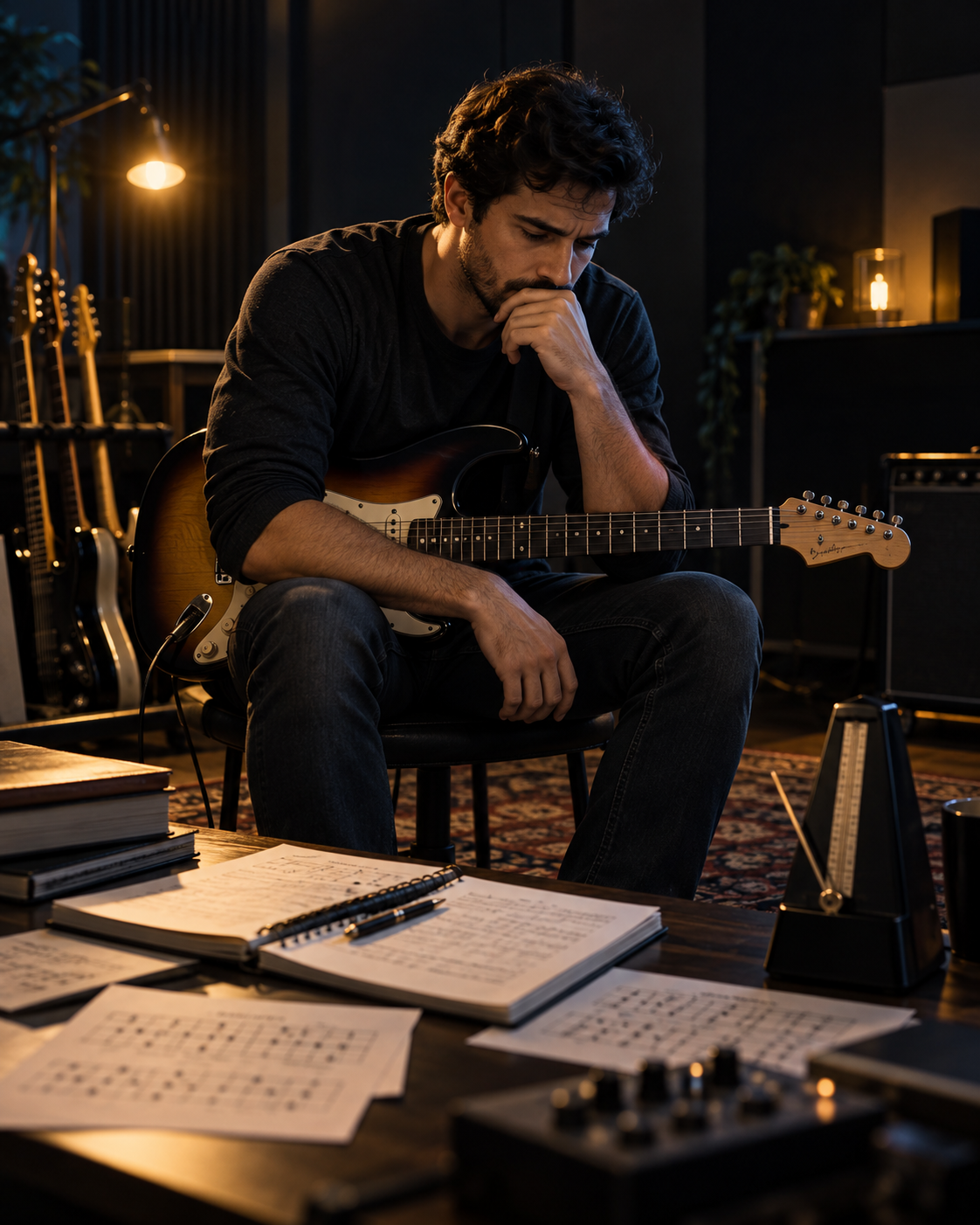 Guitarrista refletindo diante de exercícios e anotações em seu estúdio